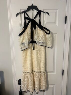 Adelyn Rae Cream Lace Midi Dress with Black Trim